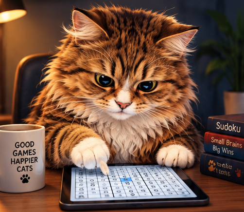 A fluffy tabby cat solving Sudoku on a tablet beside a mug.