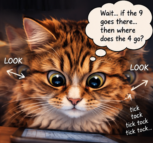 A wide-eyed Sudoku cat wondering where the 9 and the 4 should go.