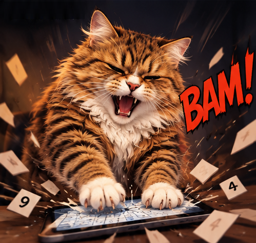 An excited Sudoku cat pouncing on a tablet as number tiles fly.