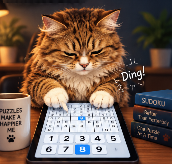 A focused Sudoku cat choosing an 8 on a tablet. One puzzle at a time.