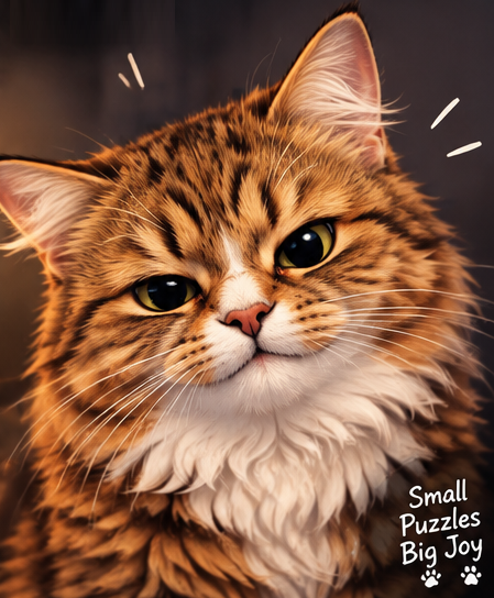 A friendly tabby cat with the message: Small Puzzles, Big Joy.